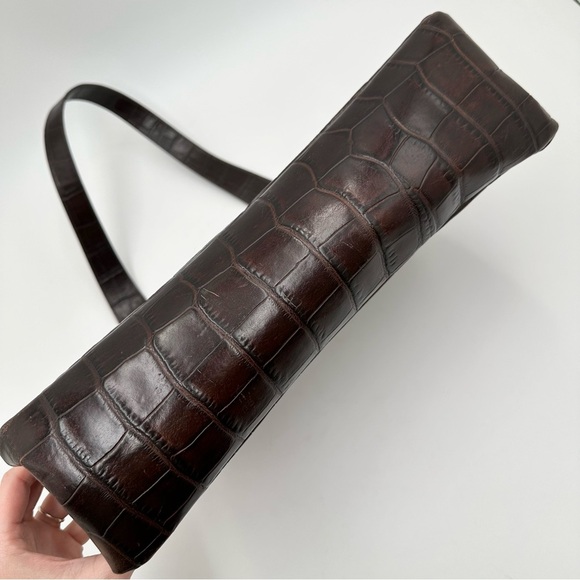 Vintage Furla Genuine Leather Croc Embossed Brown Shoulder Bag - Picture 3 of 14